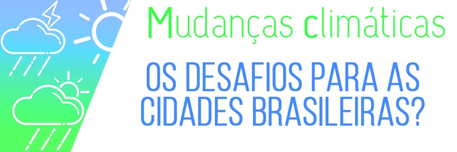 Logo das Mudanças Climáticas tem o desenho de uma nuvem, raio e chuva e um sol nas  cores azul e verde